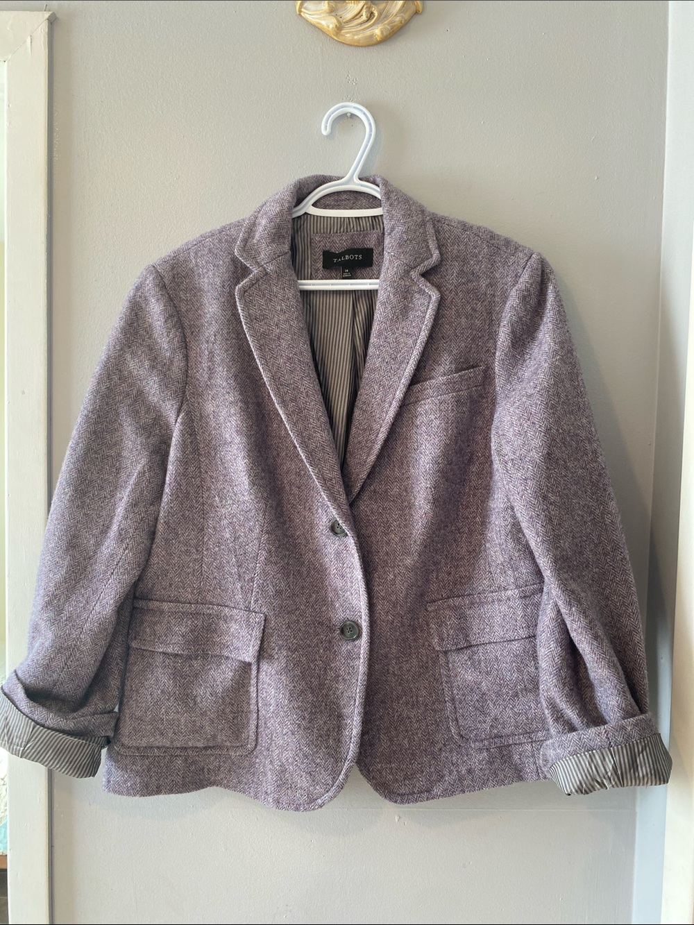 Talbots Lilac Purple Wool Blend Tweed Blazer Women’s Size 14 Striped Lining Fall